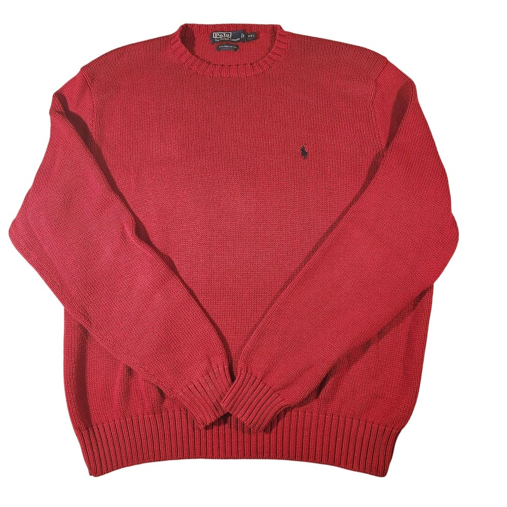 Polo Ralph Lauren Sweater Mens 2XL Red 100% Pima Cotton Crewneck Knit Pony Logo‎